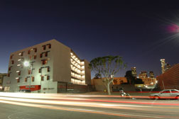 Front facade of Rainbow Apts, a Skid Row Housing development.